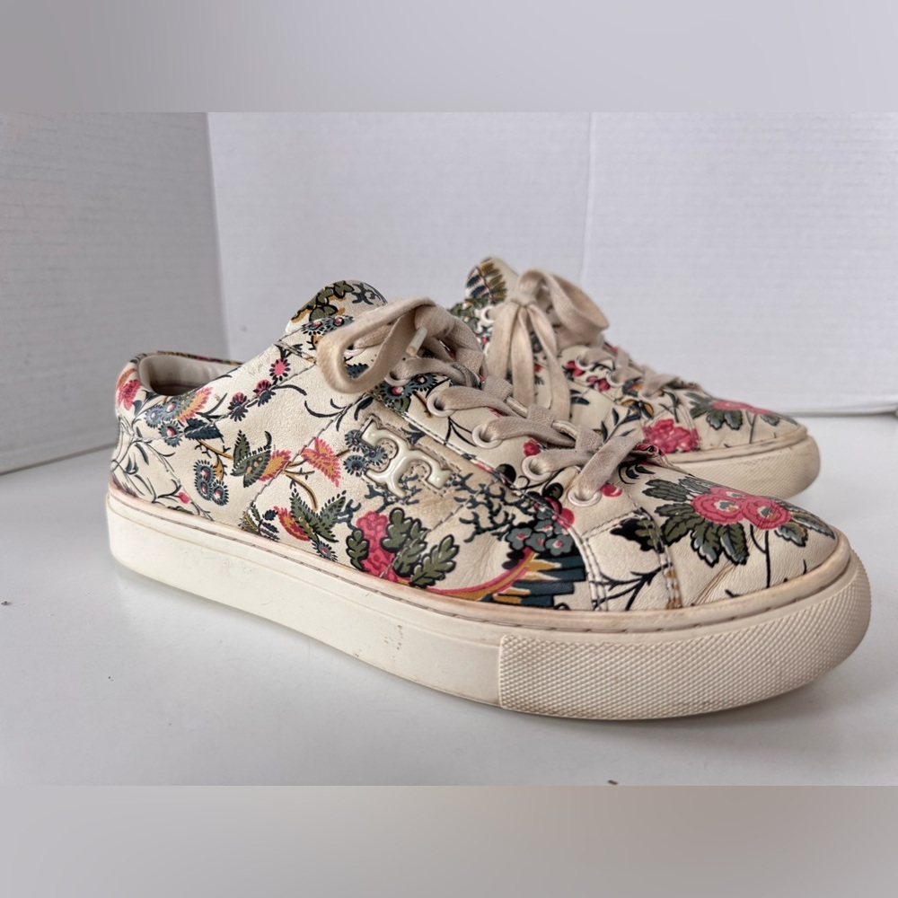 Tory Burch White Floral Print Leather Amalia Low Top Sneakers Women’s Size 8 - Picture 7 of 11